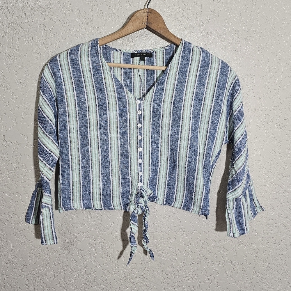 For Cynthia Linen Blend Striped Crop Top